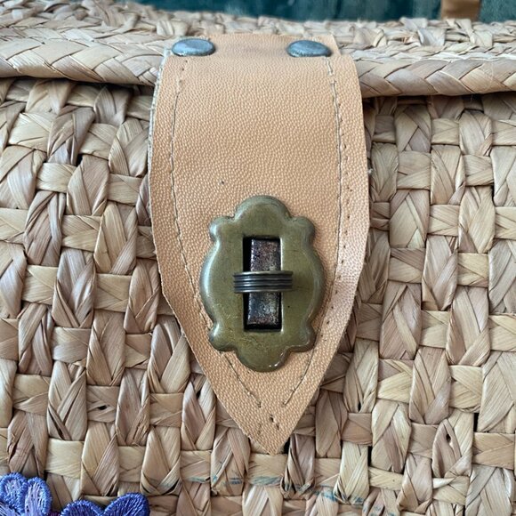 Vintage Flower 60s 70s Woven Grass Wicker Rattan Style XL Travel Bag Tote Market - Picture 3 of 5